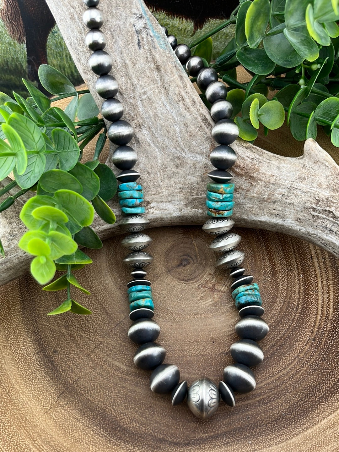 Caroline Sterling Navajo & Stamped Bead Necklace With Turquoise Accents - 18"