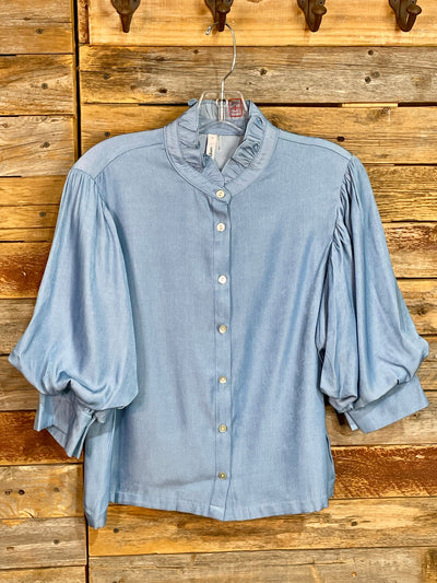 Juliet Blue Ruffle Neck Puff Sleeve Blouse
