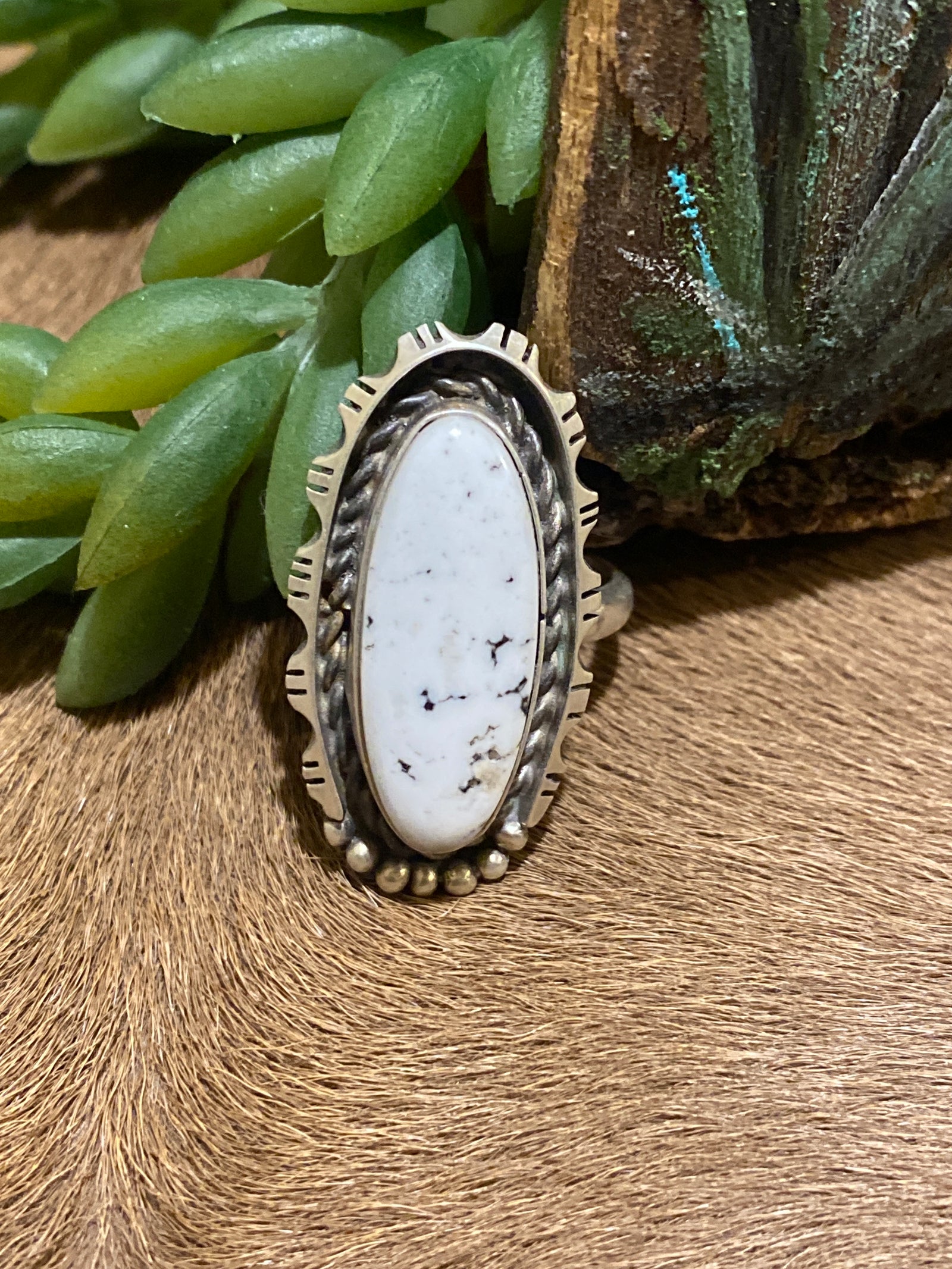 Ridgmar Sterling Framed White Buffalo Oval Ring - Adj
