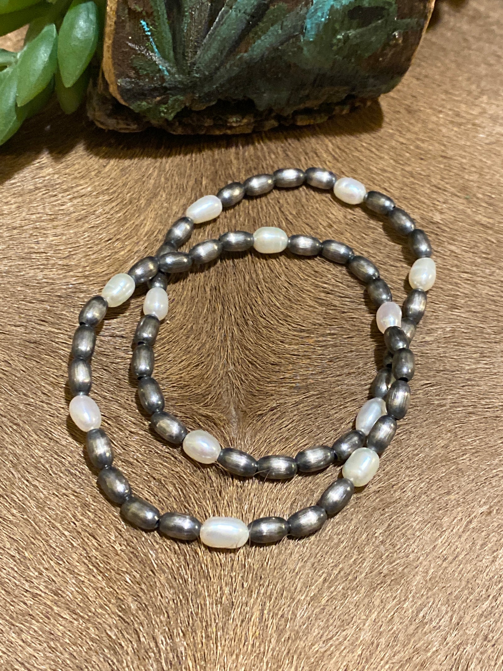 Finley Sterling Silver and Mother of Pearl Melon Bead Stretch Bracelet