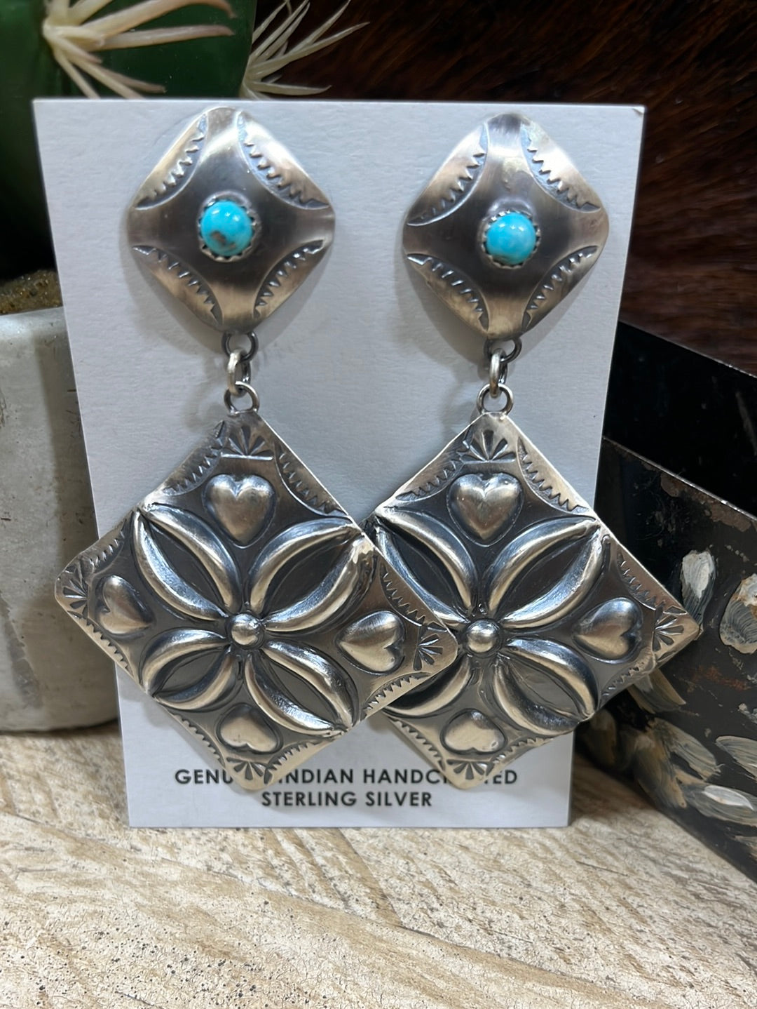 Feeling The Love Sterling Double Diamond Concho Earrings - Turquoise