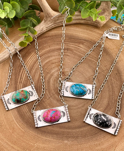 Clipster Fashion Necklace With Silver Bar Oval Stone Pendant