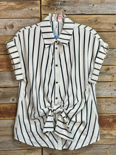 Becky Striped Front Tie Detail Short Sleeve Top