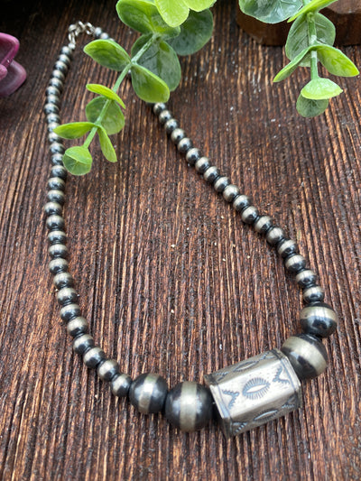 Sammy Varied Navajo Necklace With Stamped Hex Center Bead - 16"