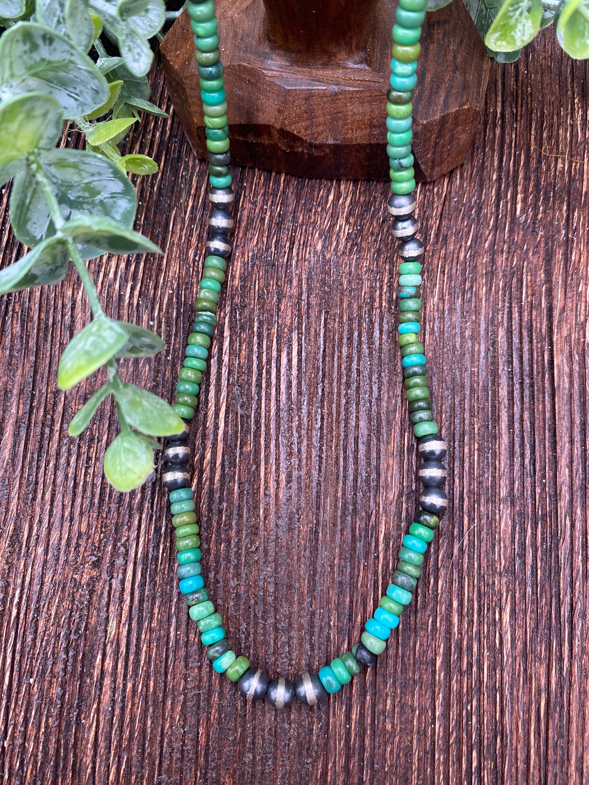 Bombay Green Turquoise Bead Necklace With 6mm Navajo Pearl Accents - 18"
