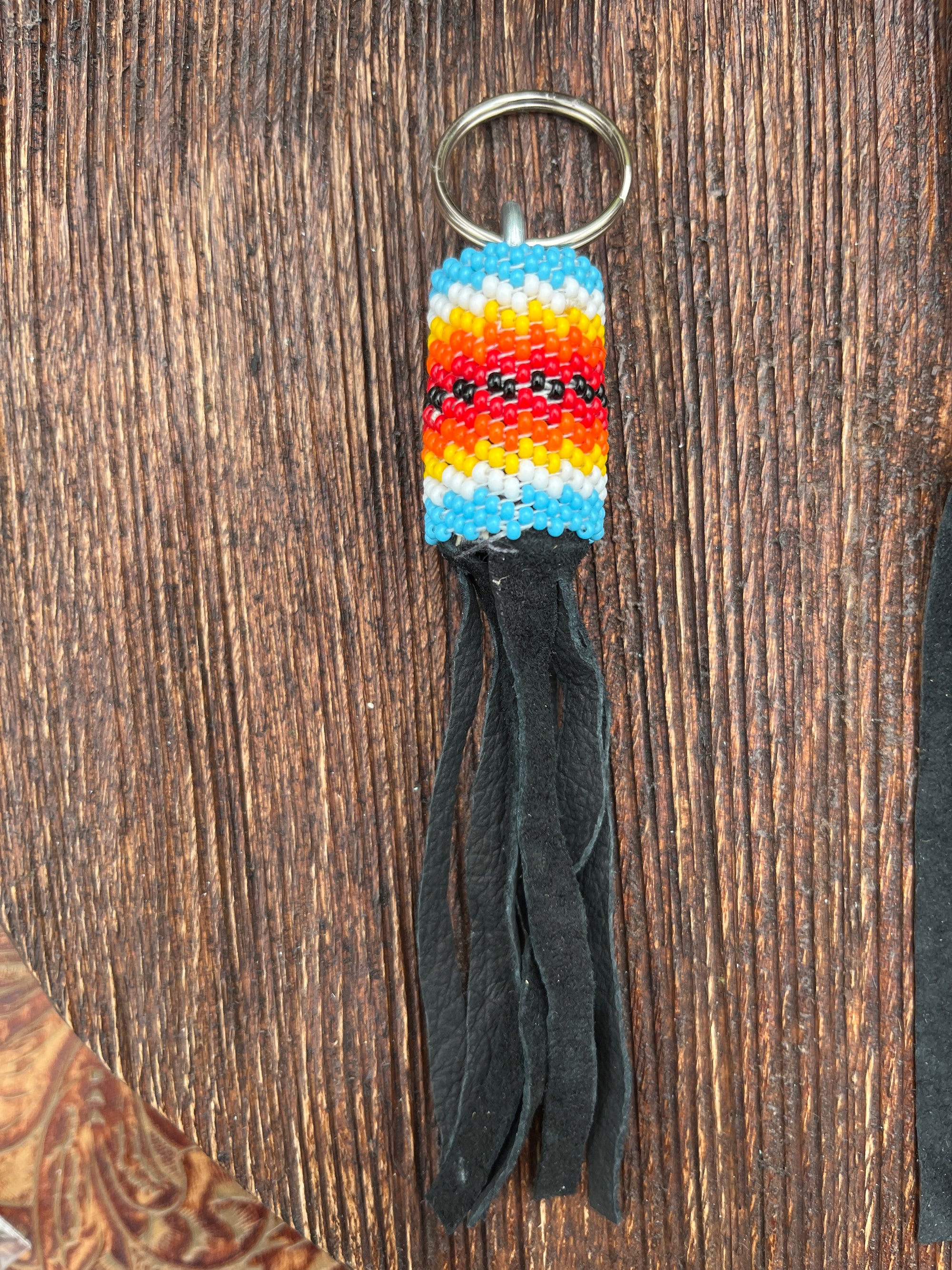 Havasu Beaded Cylinder Keychain With Leather Fringe Havasu Beaded Cylinder Keychain With Leather Fringe