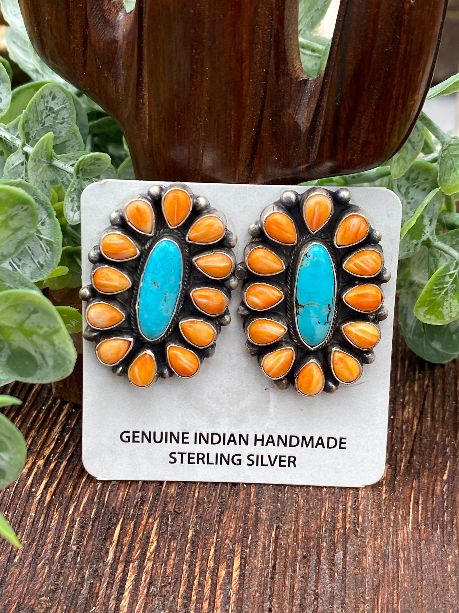 Beautiful Sunrise Turquoise & Orange Spiny Cluster Earrings