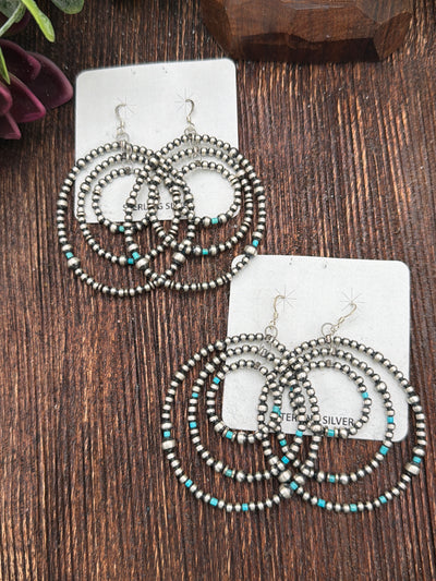 Gwynn Triple Linked Navajo Hoop Earrings with Turquoise Accents - 3"
