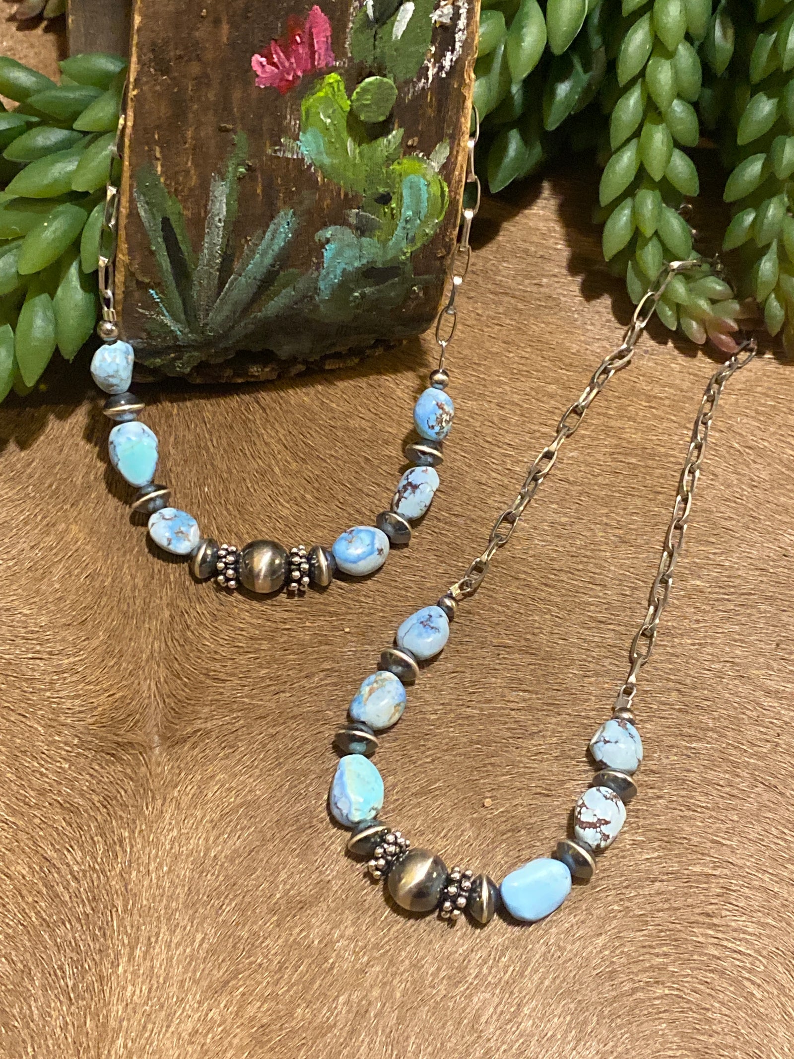 Nestor Sterling Link Chain With Centered Turquoise & Silver Beads - 17"