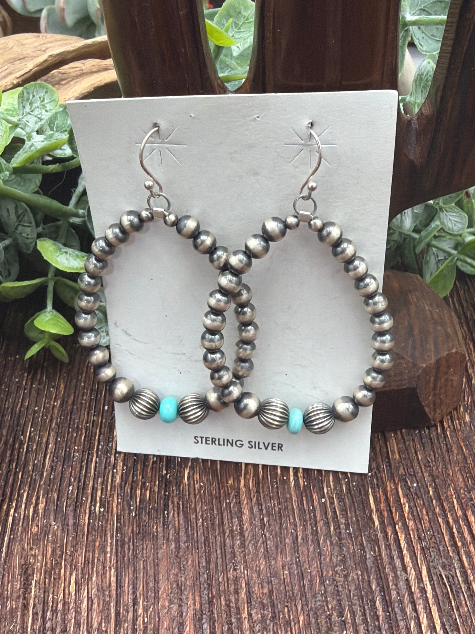 Omaha Varied Sterling Navajo Hoop Earrings With Stamped Beads - Turquoise