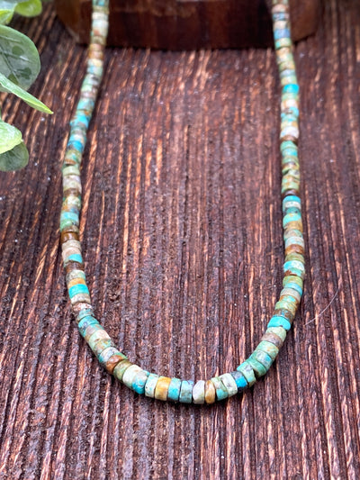 Dusty Green Turquoise Heishi Necklace With Navajo Pearl Ends - 17"