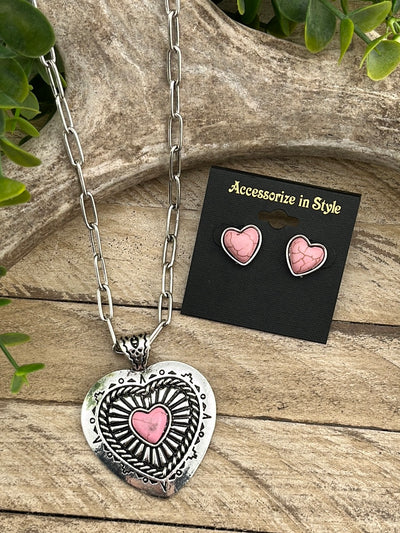 Love is In The Air Stone Heart Necklace & Earrings