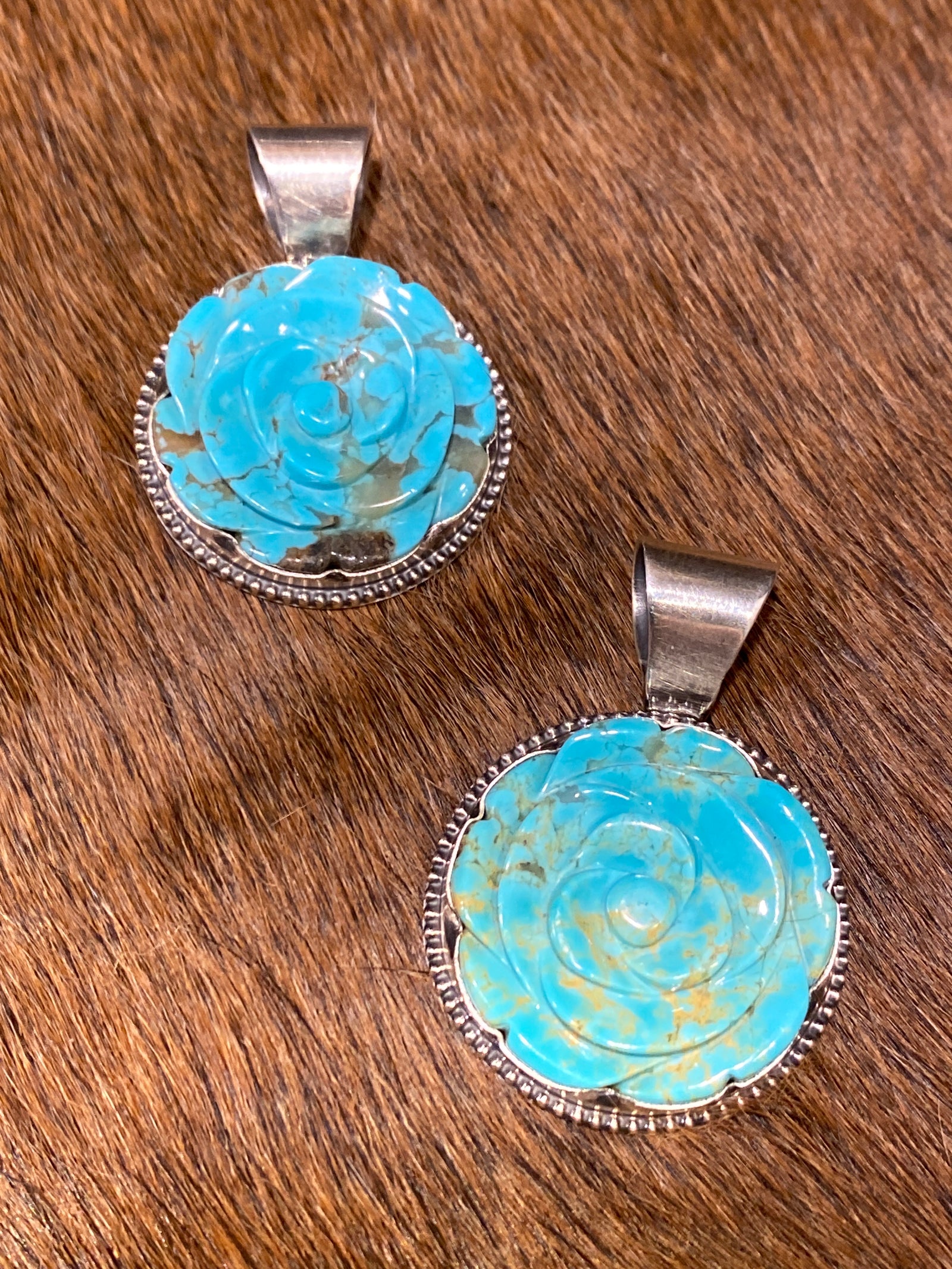 Kangen Carved Rose Turquoise Sterling Pendant