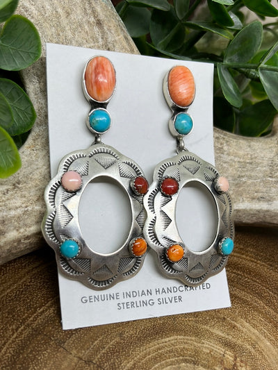 Juniper Sterling Turquoise, Spiny & Pink Stamped Oval Drop Earrings