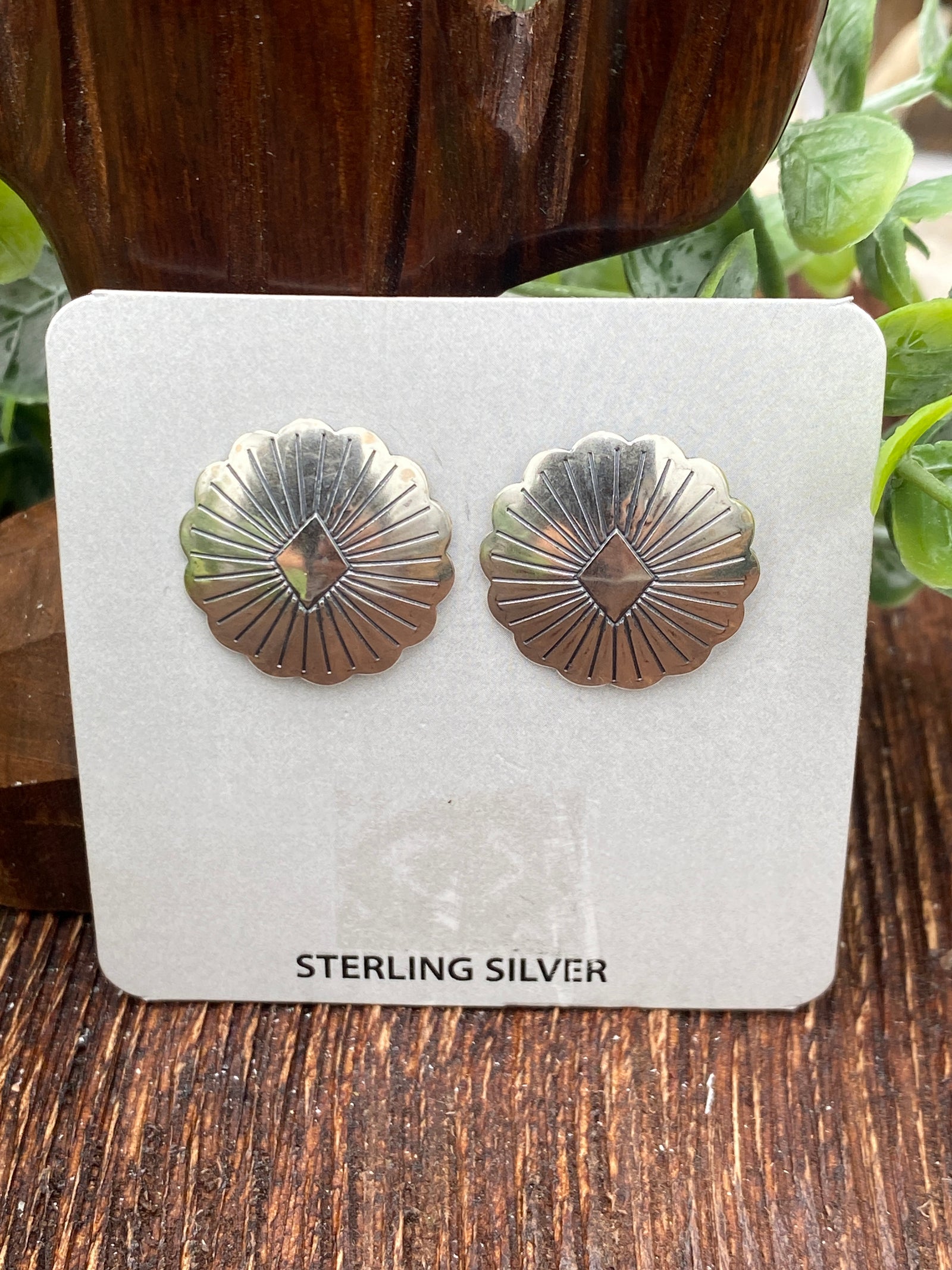 Stamped Radiant Diamond Sterling Concho Earrings