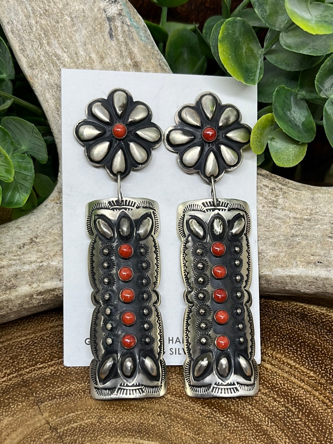Daisy Double Concho Floral Post Rectangle Drop Earrings - Coral