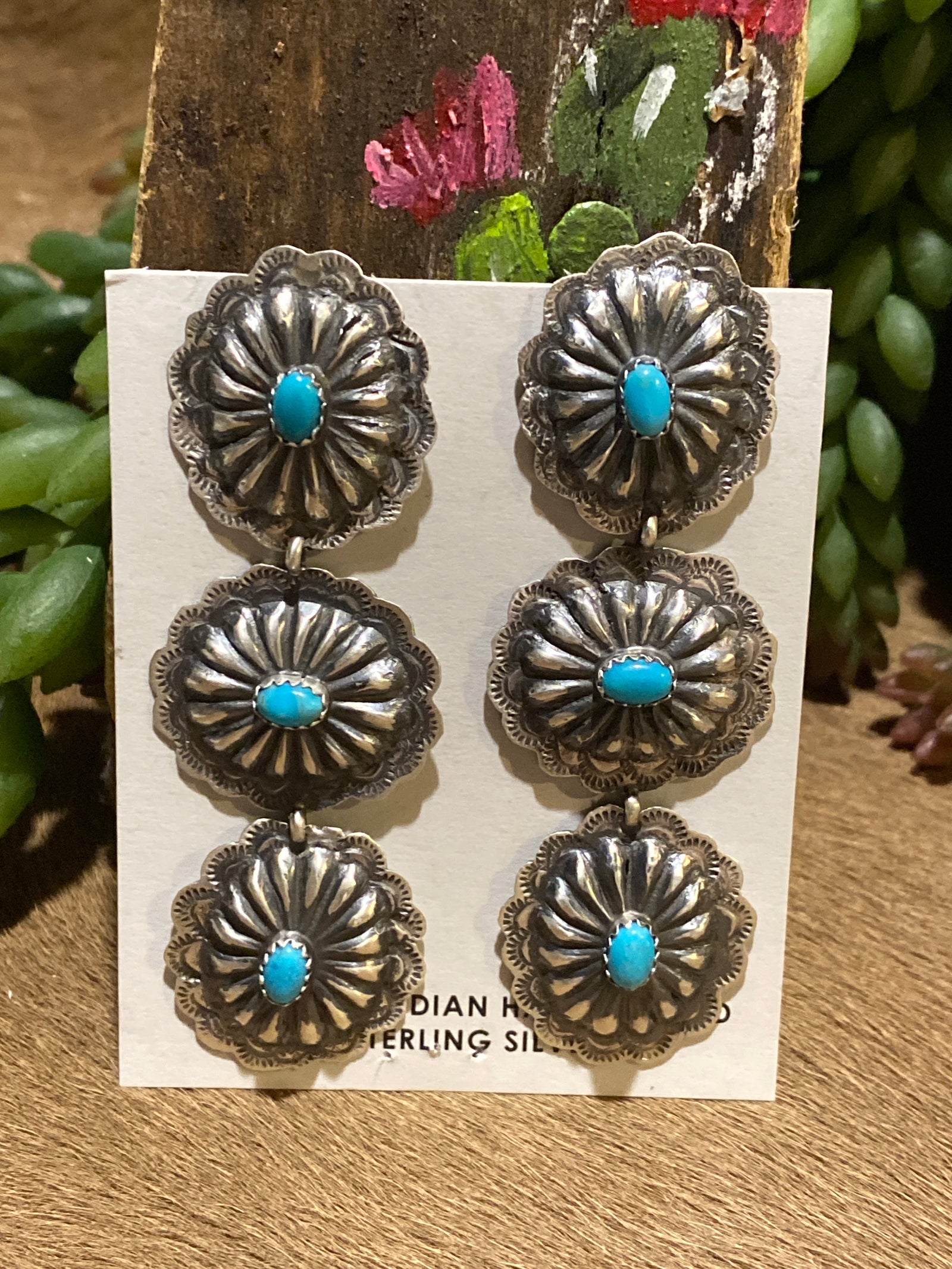 Overton Sterling Triple Oval Concho Earrings - Turquoise