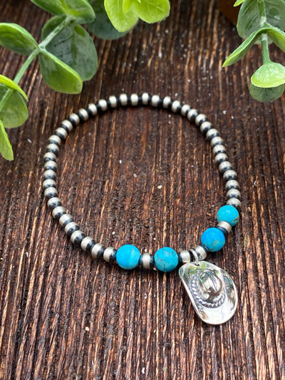 Lexi Western 4mm Sterling Navajo & Turquoise Charm Bracelet - Cowboy Hat