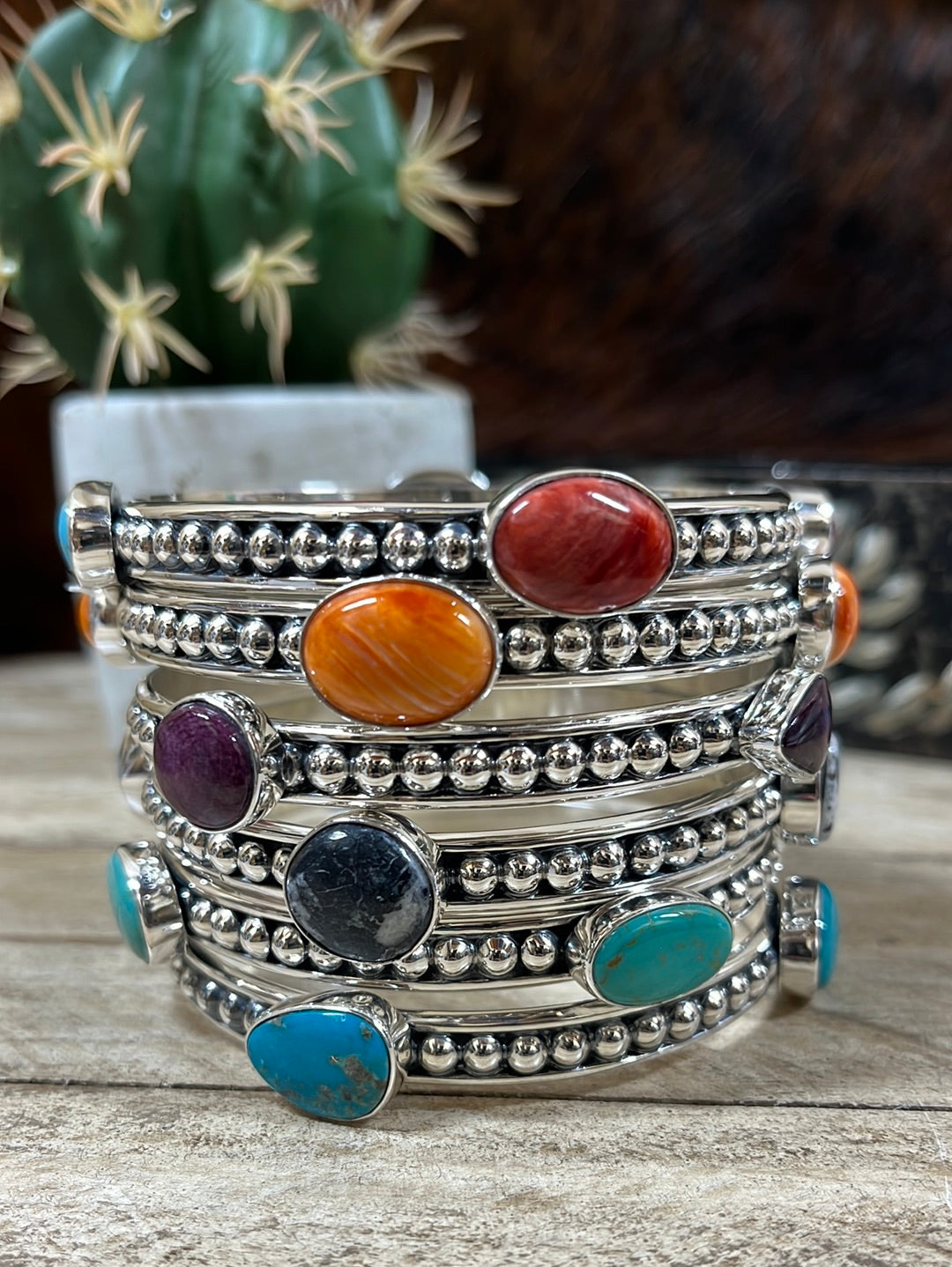 Stone & Silver Bead Bangle