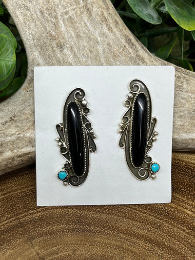 Sterling Silver Teardrop Black Onyx & Turquoise Post Earrings