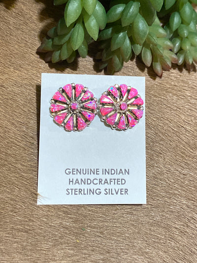 Sterling Silver Zuni Dot Cluster Post Earrings - Hot PInk Fire Opal