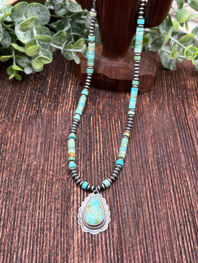 Agatha Turquoise Cylinder Navajo Saucer Sterling Necklace With Teardrop Pendant - 16"
