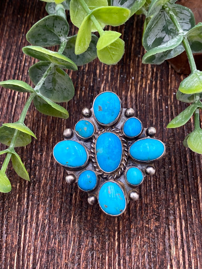 Passerine Sterling 9 Stone Turquoise Diamond Cluster Adjustable Ring