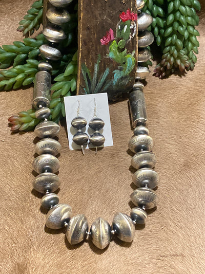 Albatross Sterling Silver Cylinder Large Stamped Bead Necklace & Earring Set - 28"