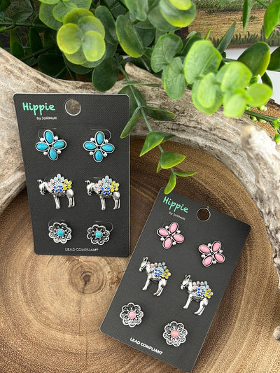 Floral Donkey Stud Earring Set - 3 pairs