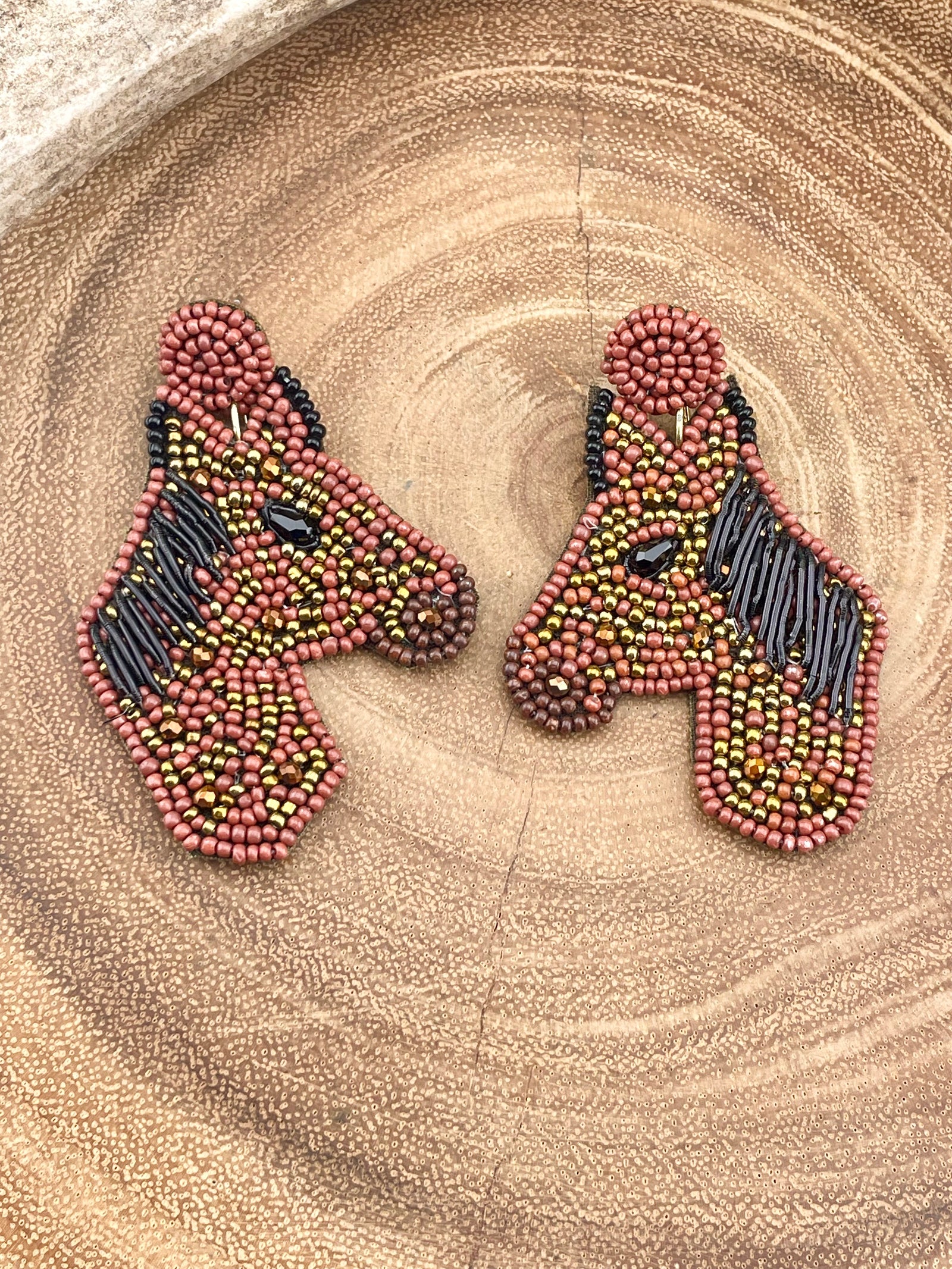 Old Peso Beaded Horse Earrings - Brown