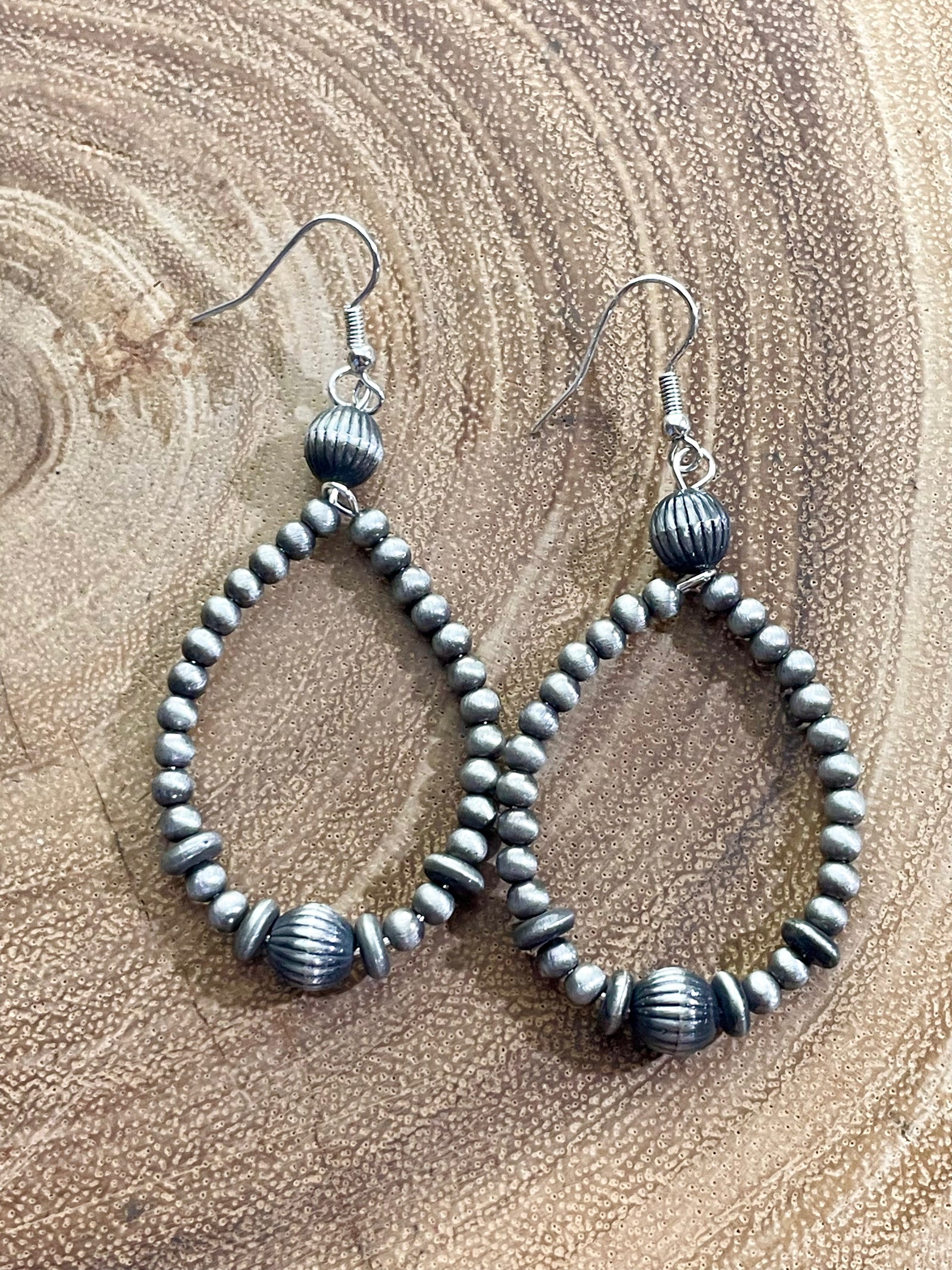 Balsam Fashion Silver Stamped Bead Teardrop Earrings - 3"