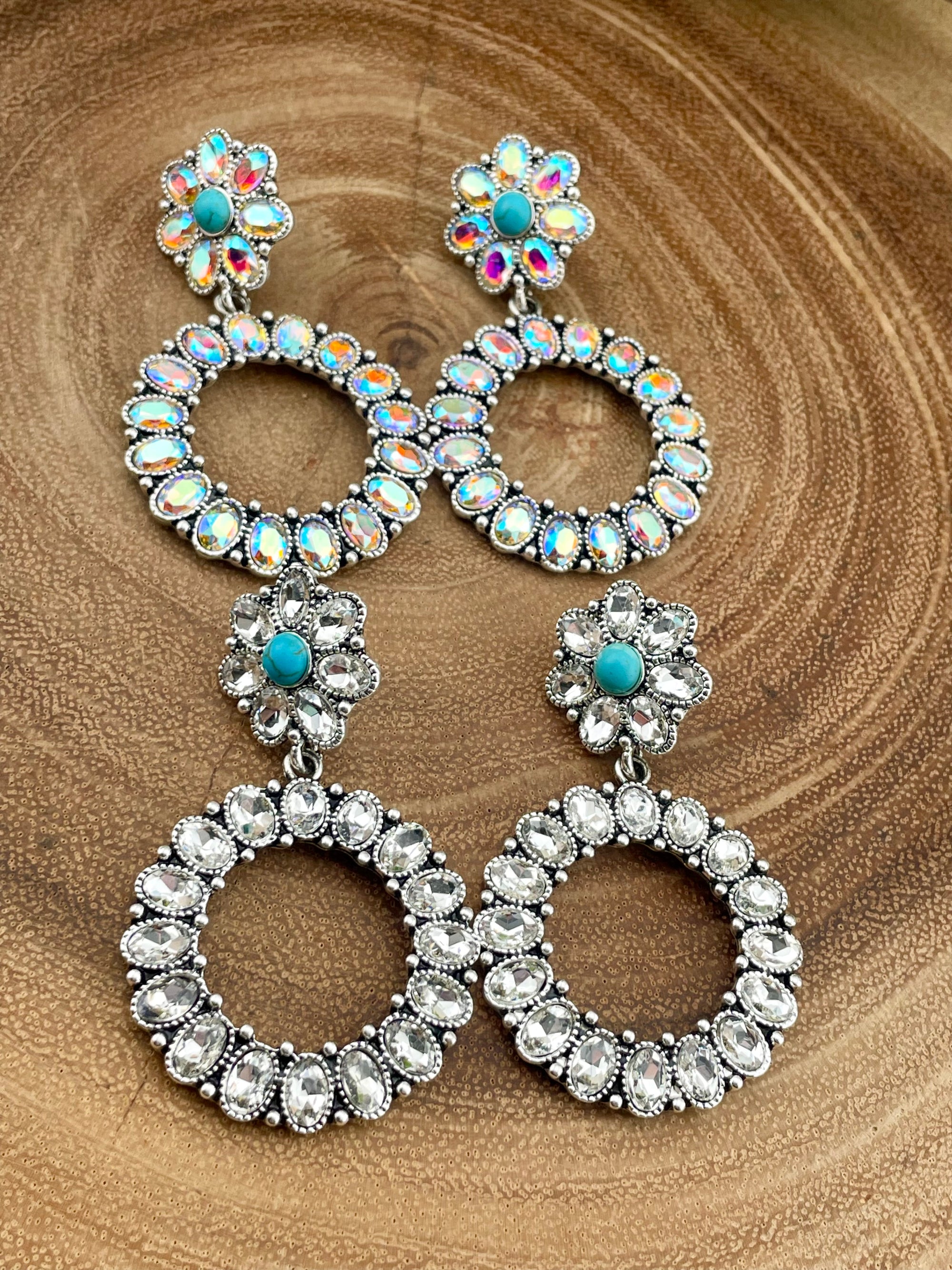 Daisy Circle Fashion Rhinestone Earrings - Turquoise