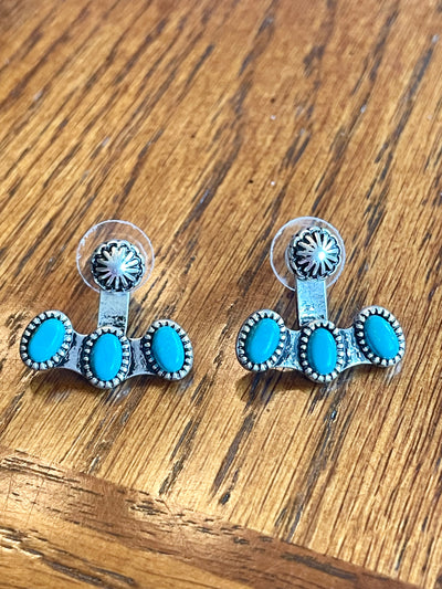 Kayleigh Fashion Concho Post Earring With 3 Stone Add On - Turquoise