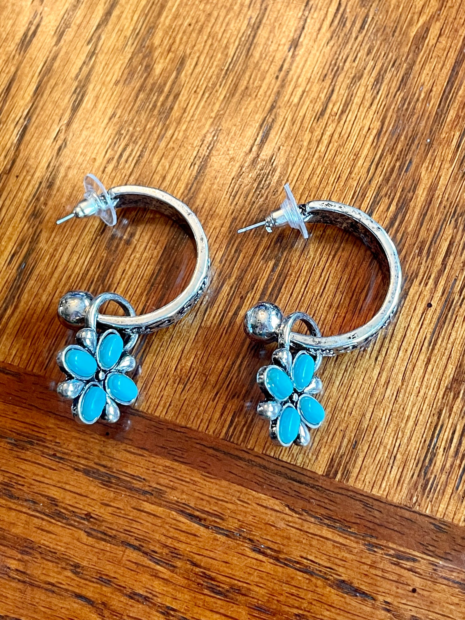 Sophora Stamped Stone Hoop Earrings with Flower Charm - 2"