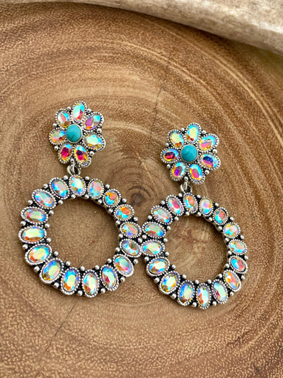 Daisy Circle Fashion Rhinestone Earrings - Turquoise