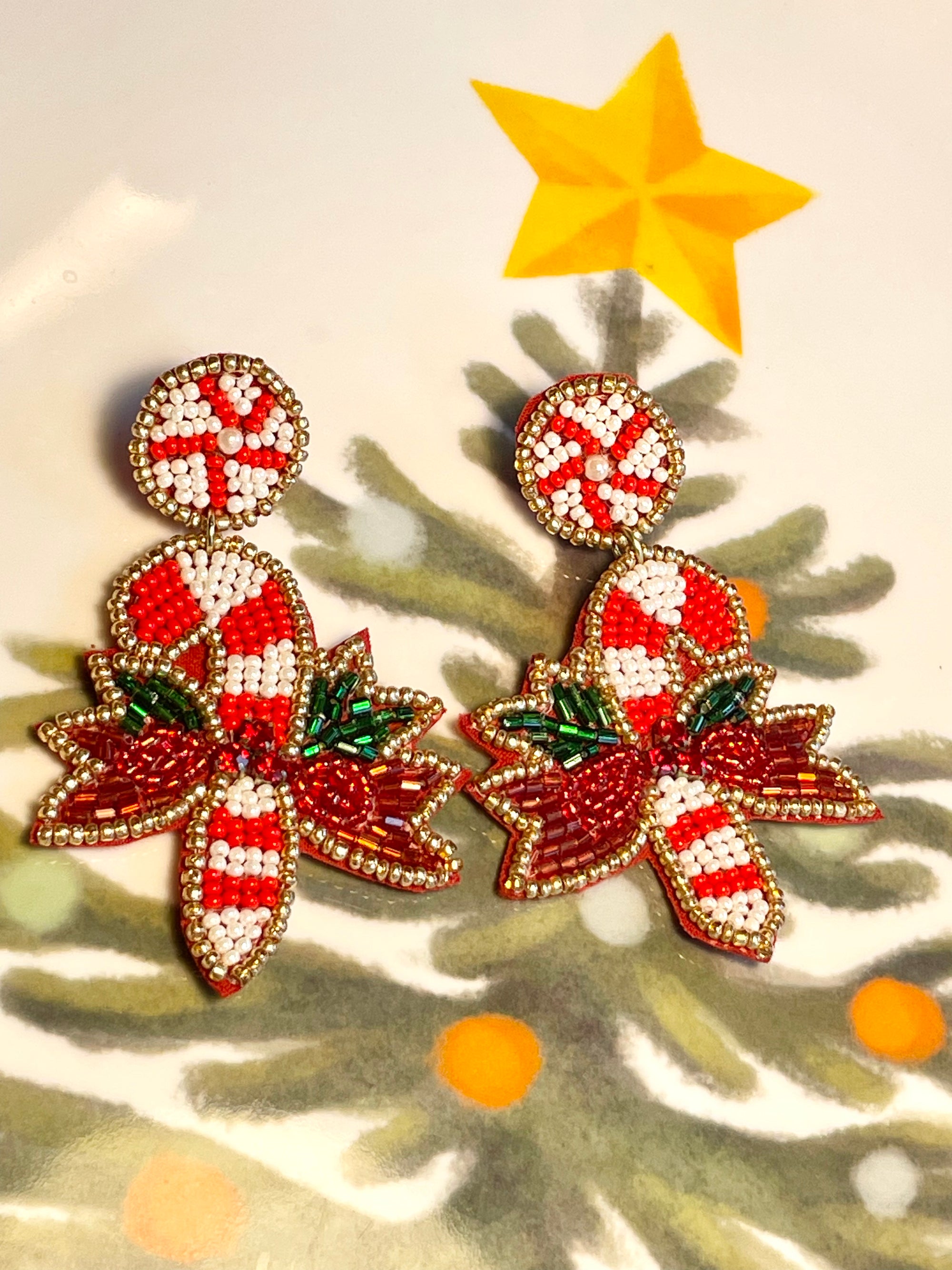 Beaded Candy Cane Red Sparkle Bow Earrings
