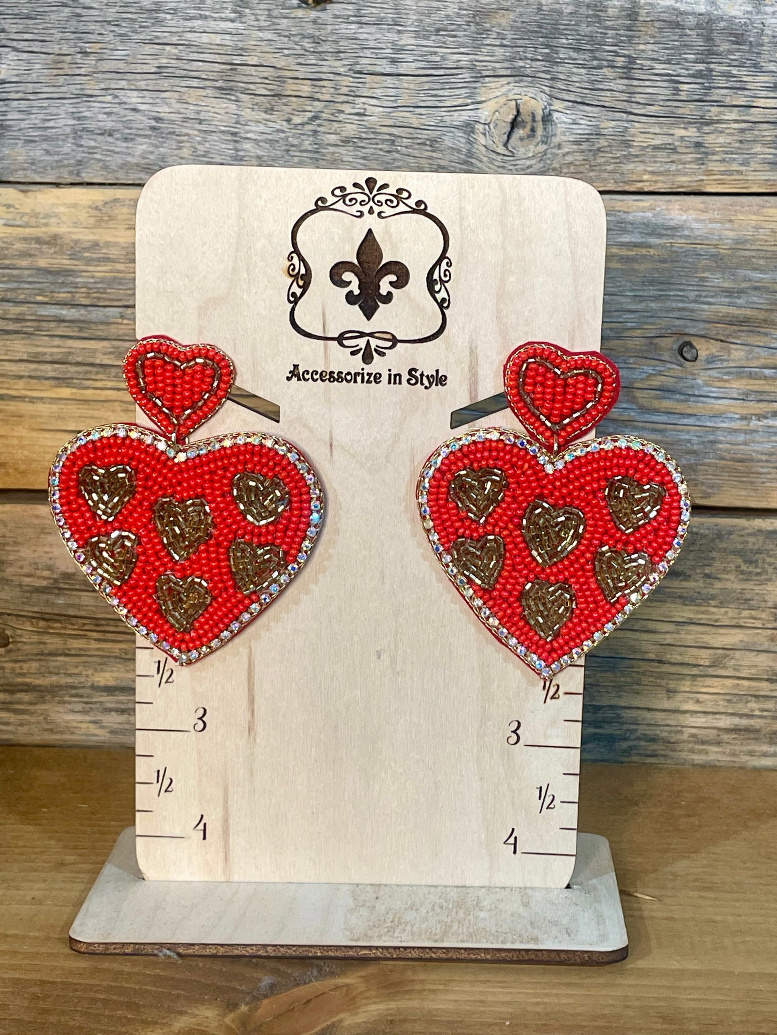 Lots of Love Rhinestone Edge Fashion Beaded Heart Earrings - Red