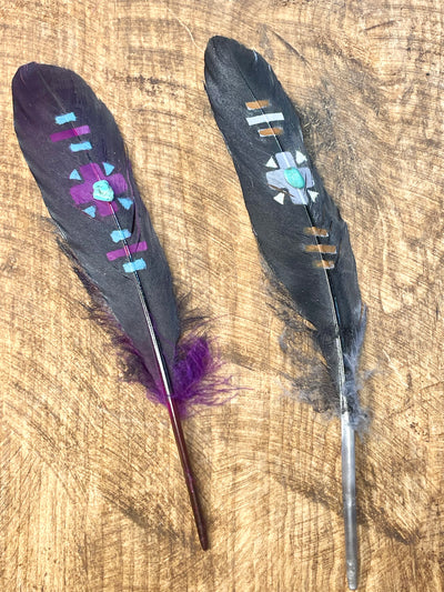 Painted Hat Feather With Turquoise Nugget - 7.25"