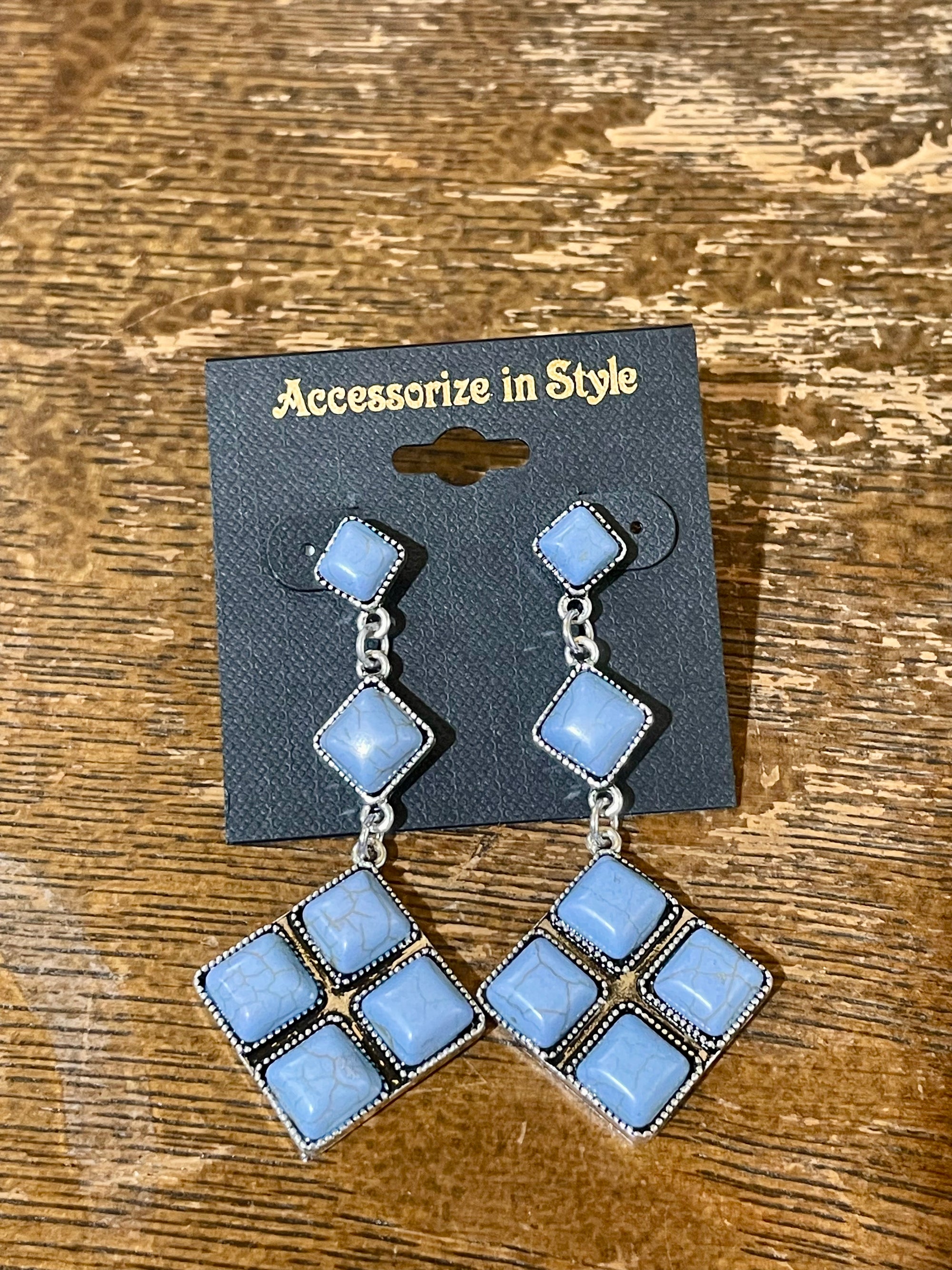 Still Waters Tri-Level Square Diamond Stone Earrings - Blue