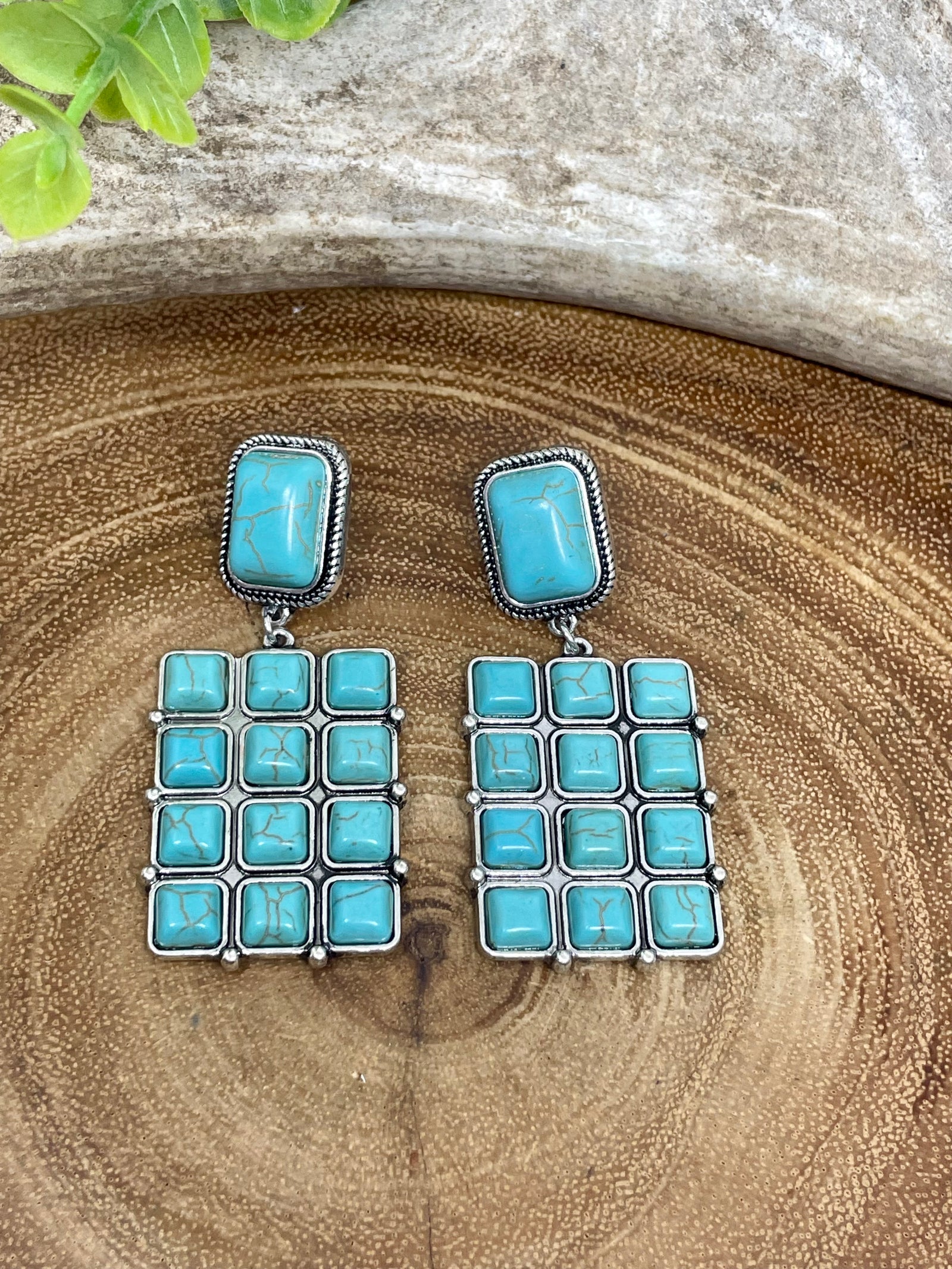 Melanie 2.25" Fashion Stacked Square Post  Earrings - Turquoise