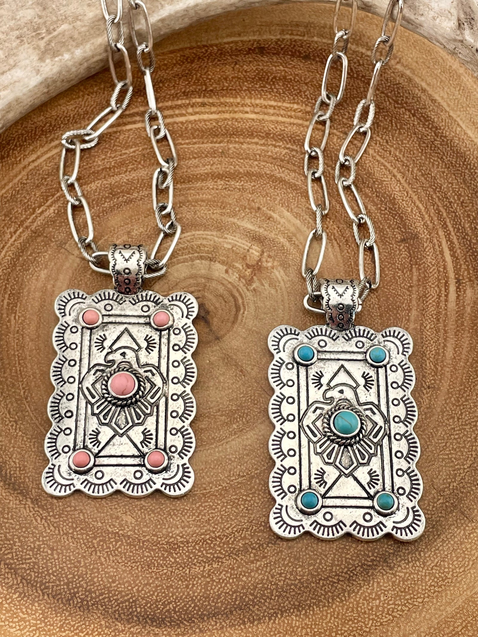 Thunderbird Fashion Stamped Rectangle Concho Necklace - 20"