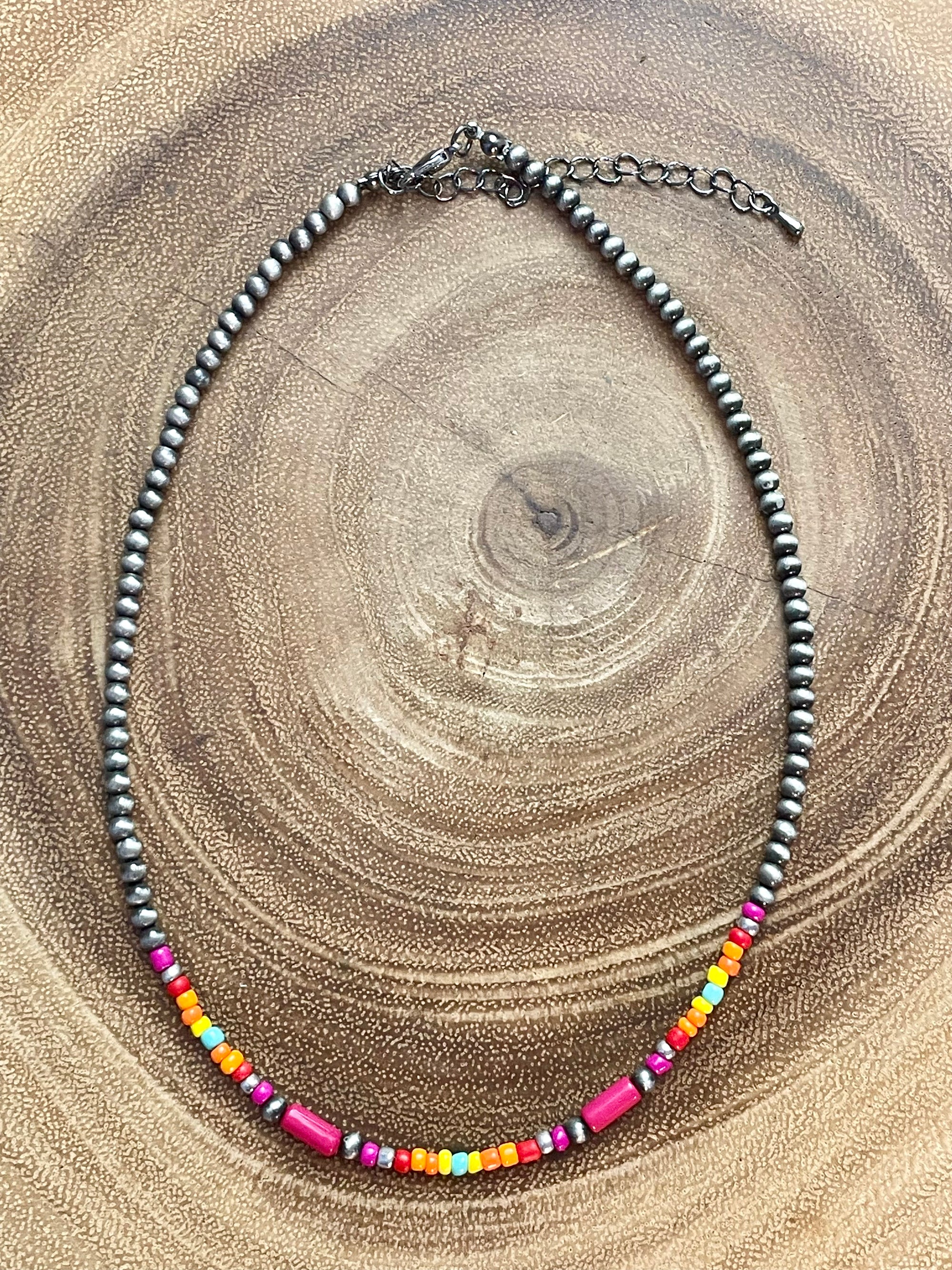 Brittany Fashion Navajo, Cylinder & Seed Bead Necklace - 16" - Pink Multi