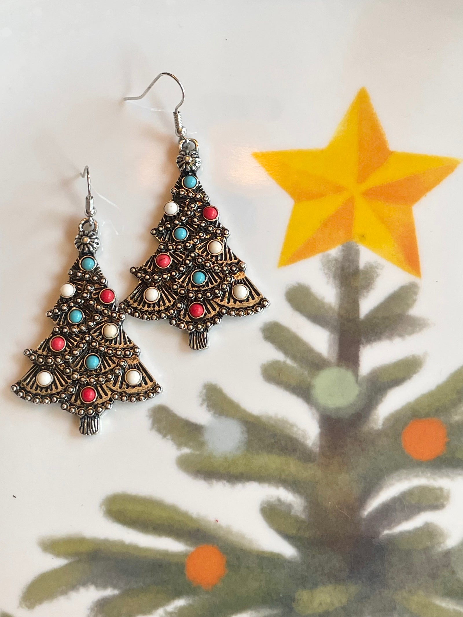 Red, White & Blue Fashion Silver Christmas Tree Earrings