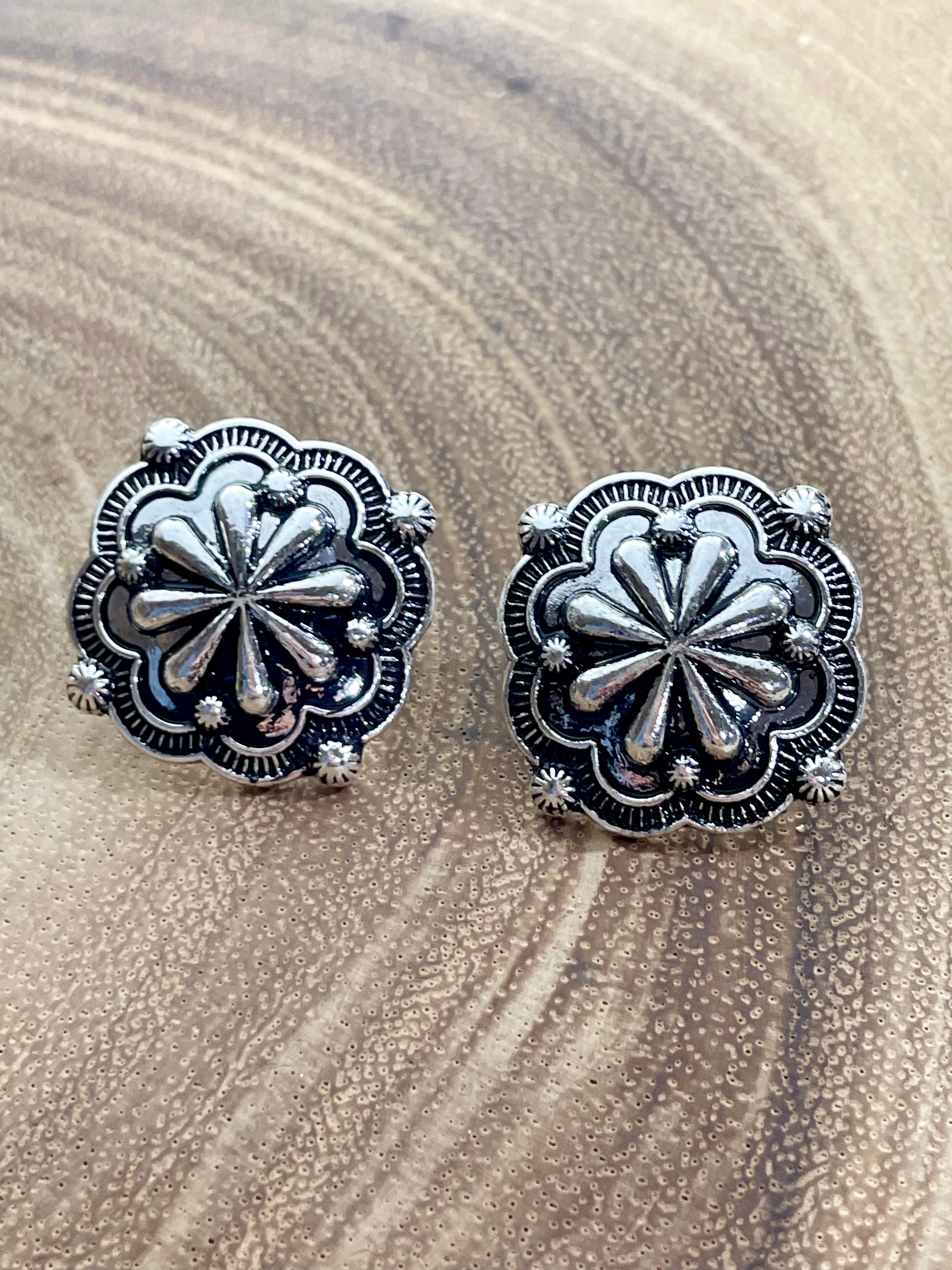 Queensland Stamped Silver Concho Earrings - 1"
