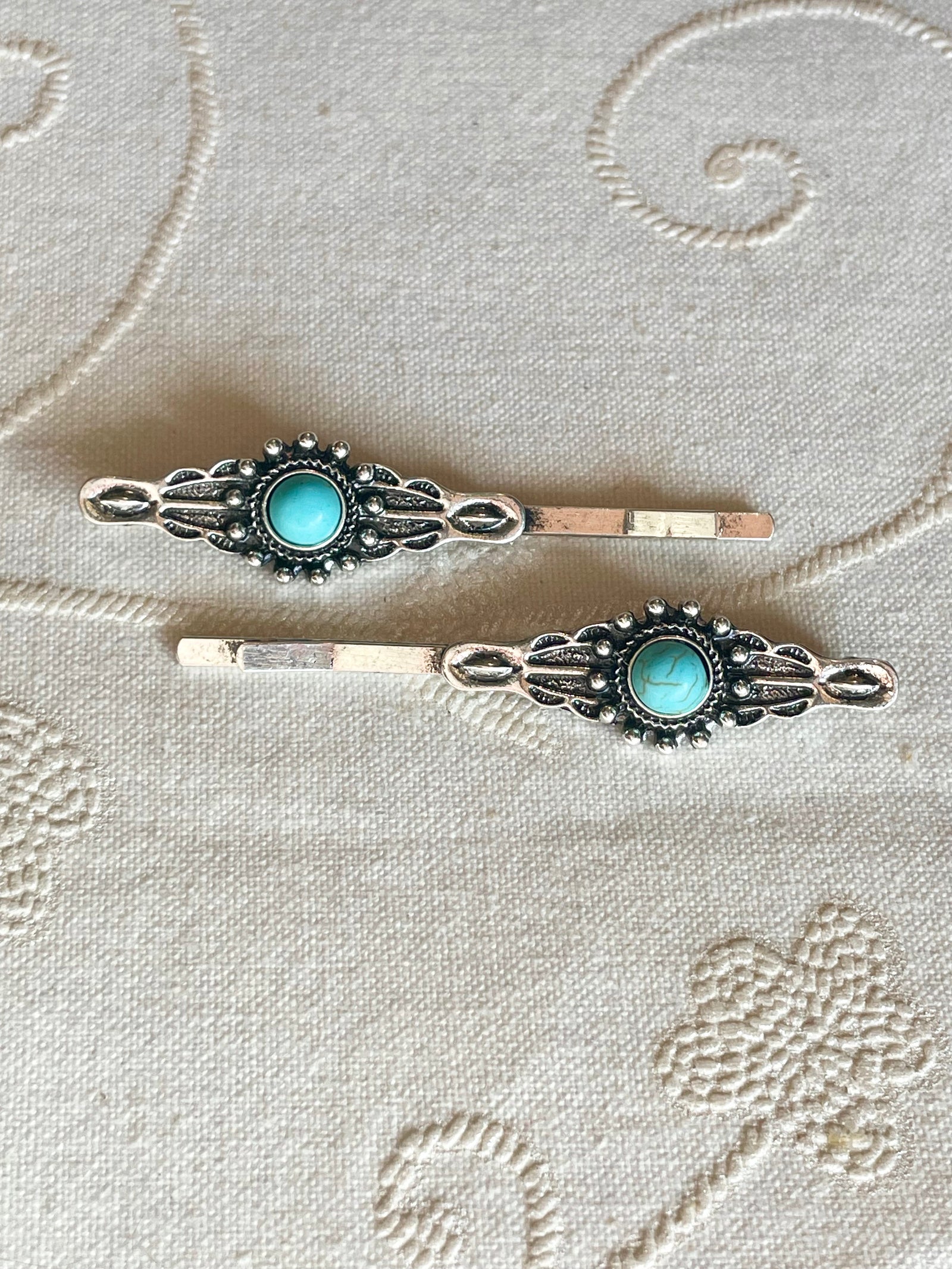 Ryan Single Stone Silver Hair Pin Set - Turquoise