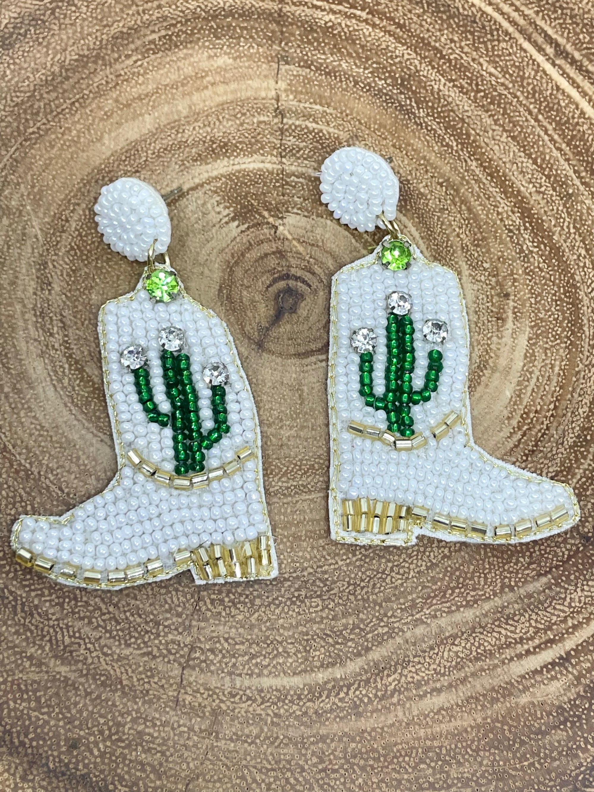 White Boot Cactus Beaded Earrings