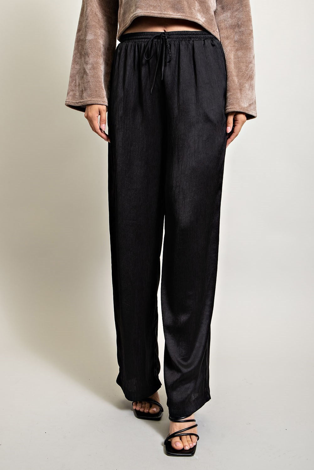 Black Elastic Waist Satin Pants