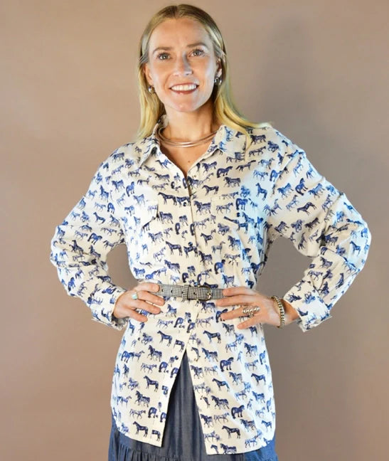Horses on Parade Long Sleeve Button Up Shirt