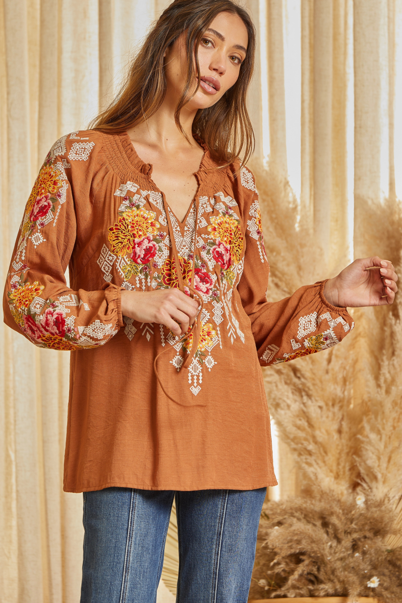 Rust Peasant Embroidered Blouse