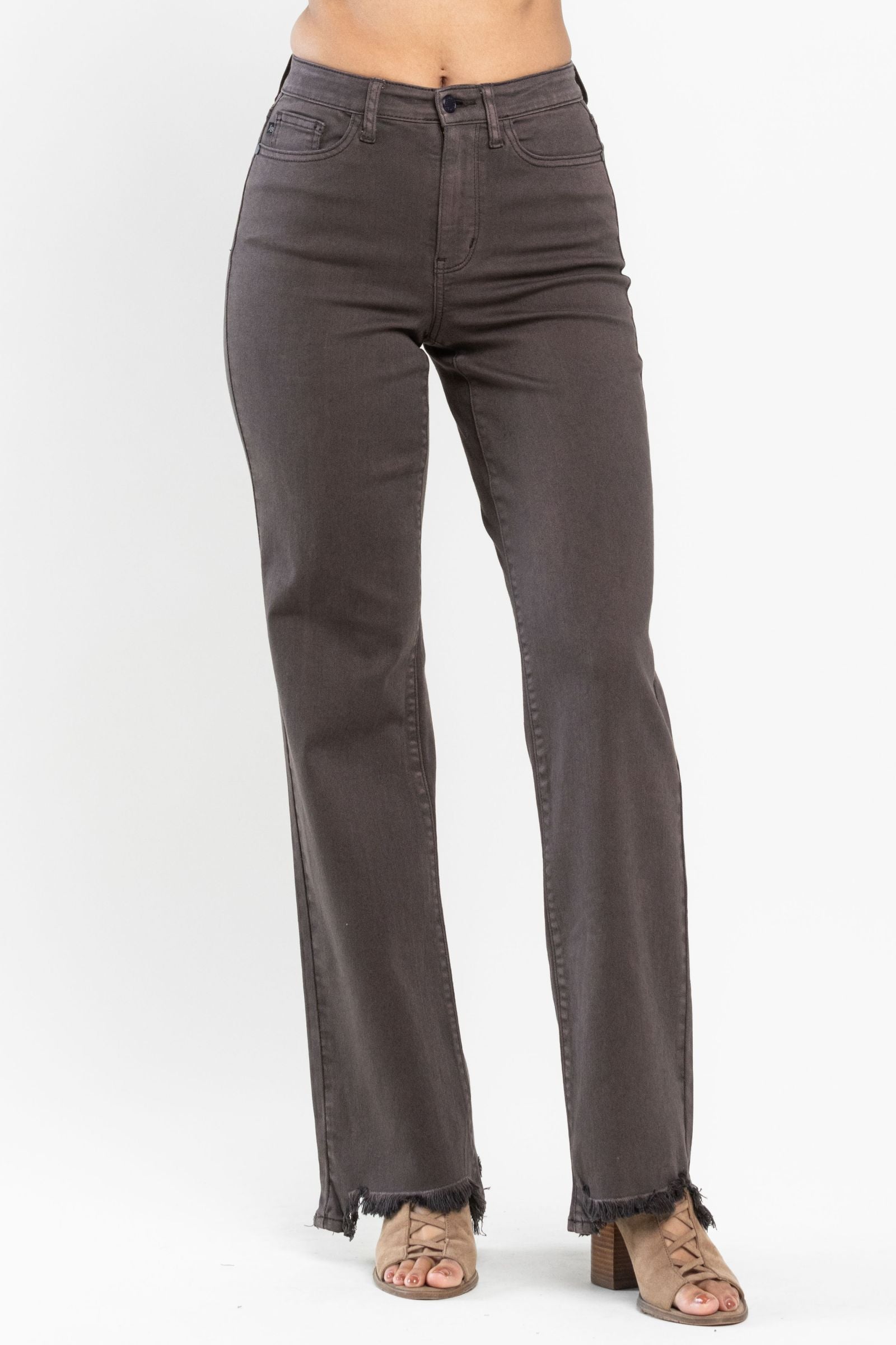 Chocolate Frayed Hem Straight Leg Denim